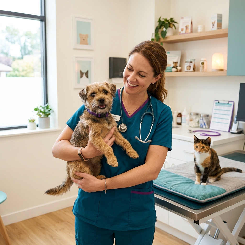 Veterinária cuidando de cão e gato